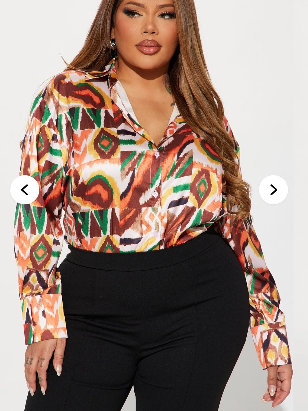 Fashion Nova Multicolor Geometric Satin Button-Up Blouse